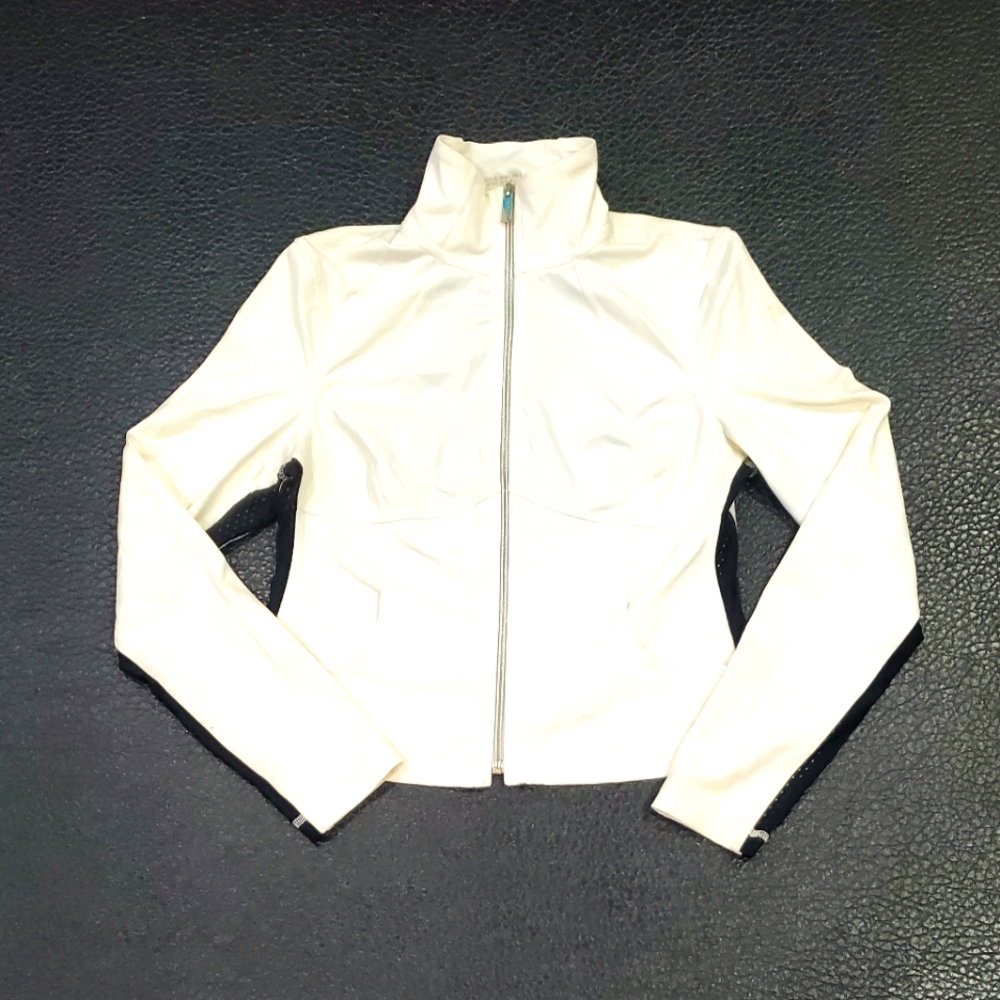 Bebe Sport Logo Black Mesh/White Zip-Up Cropped Jacket - Medium.